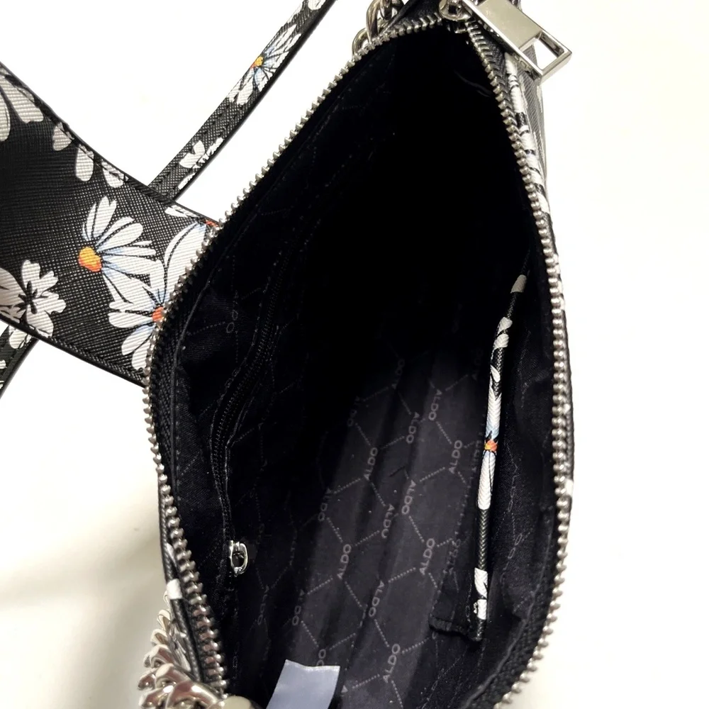ALDO Daisy Floral Shoulder Bag Black White Chain Baguette Purse NWT